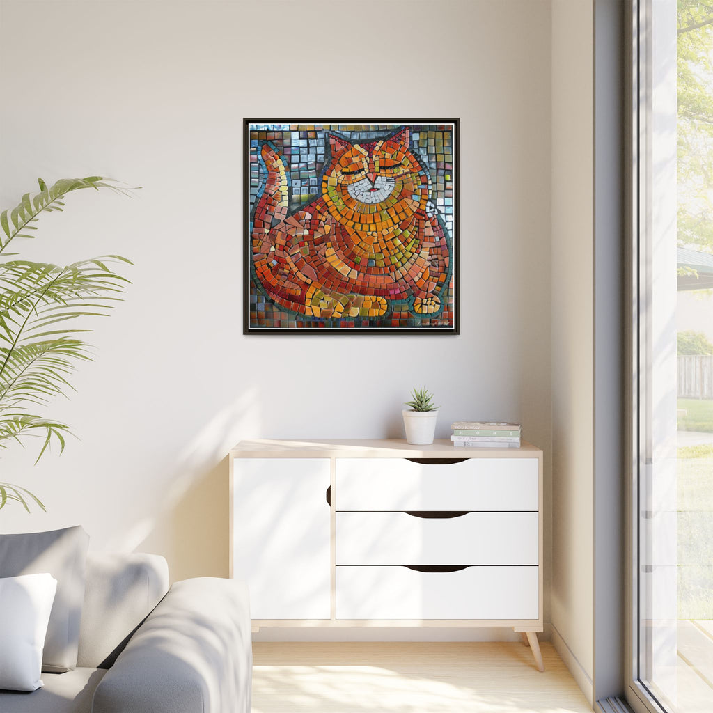 Radiant Whiskers: The Joyful Cat, Framed Mosaic Cat Art Print — Colorful Modern Wall Canvas