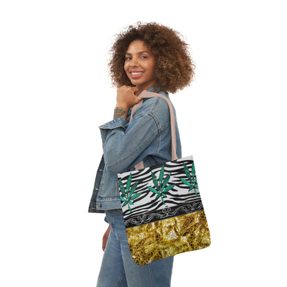 Gold And Zebra White And Black Marijuana Pot Weed Leaf 420 Weed Pot Marijuana Leaf Polyester Canvas Tote Bag (AOP)