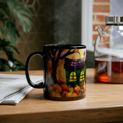 Fall Time School House With Lights On, Halloween Theme 11oz Black Mug