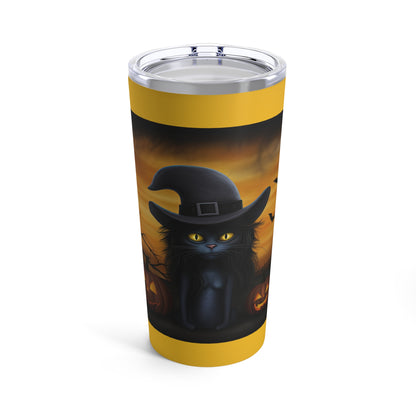 Cat Ghoul Witch With Pumpkins Yellow Background Tumbler 20oz