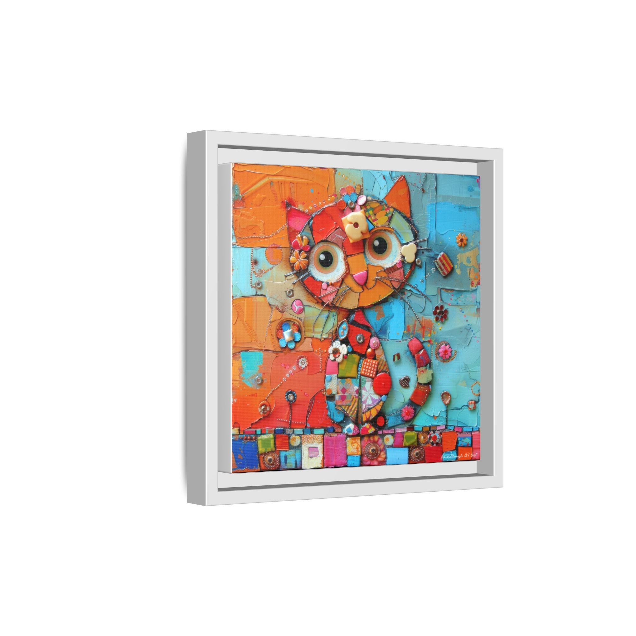 "Whimsical Mosaic Cat", Framed Mosaic Cat Art Print — Colorful Modern Wall Canvas