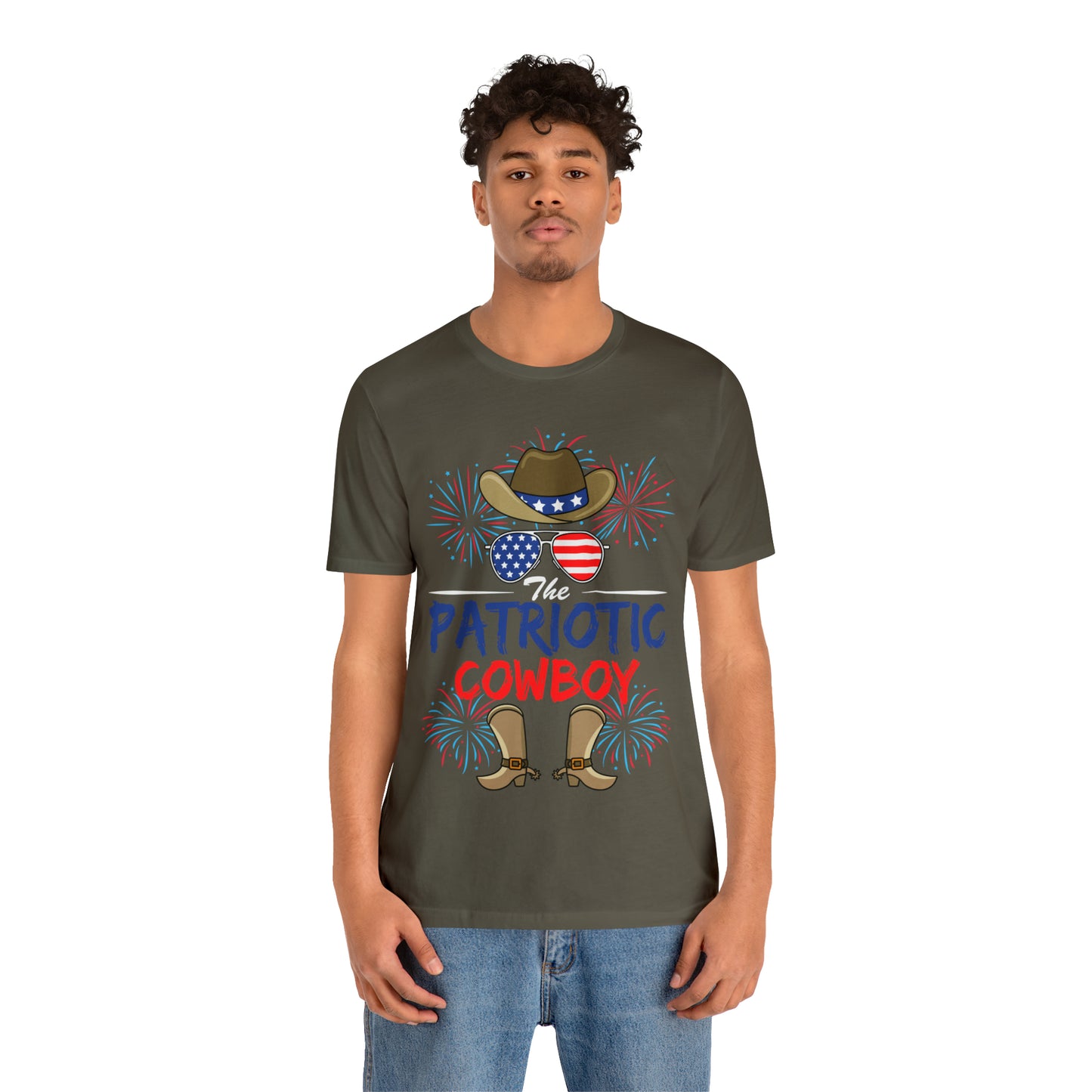 Patriotic Cowboy, American Flag 'Glasses, Cowboy Hat and Boots, Fourth of July 4th Unisex Jersey Short Sleeve Tee