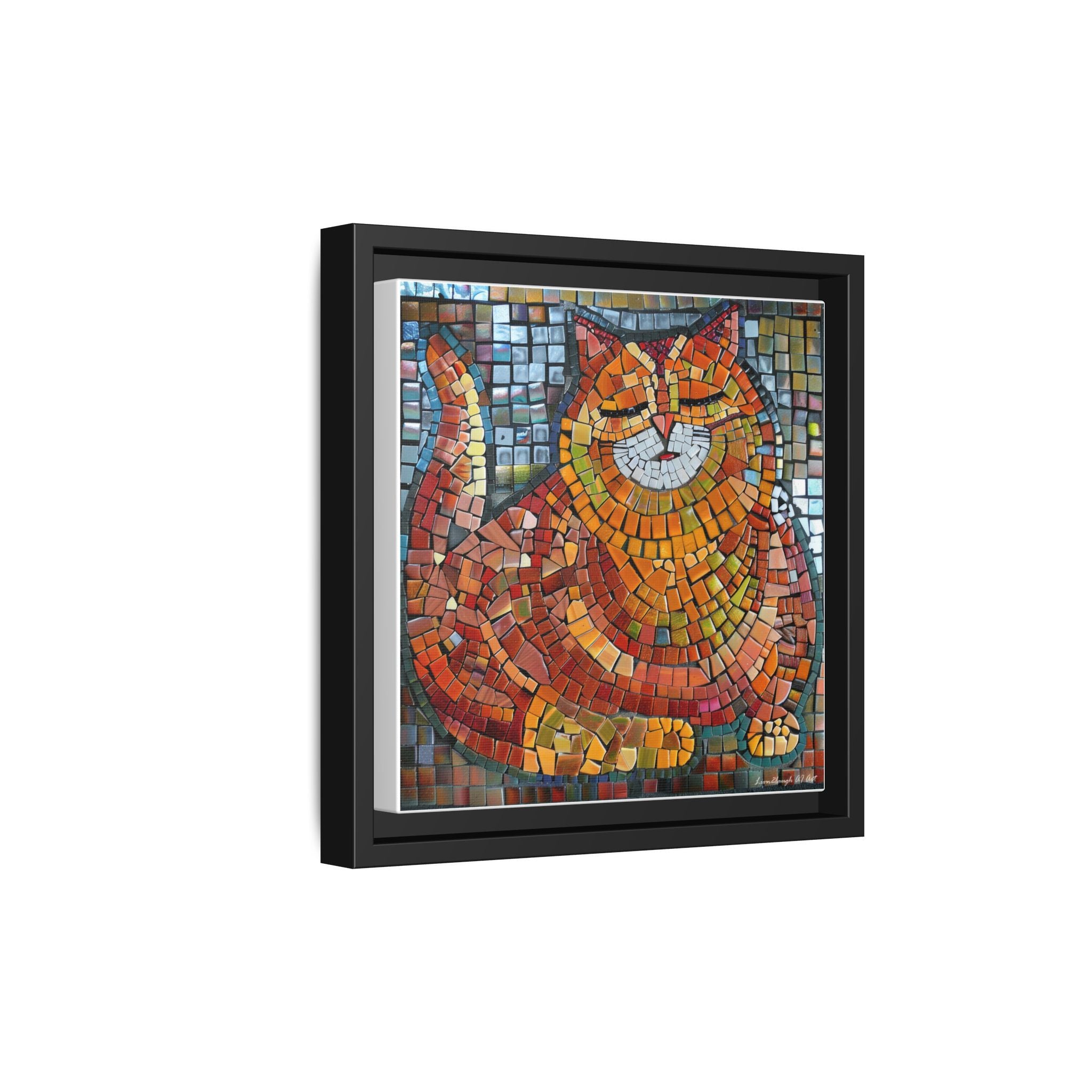 Radiant Whiskers: The Joyful Cat, Framed Mosaic Cat Art Print — Colorful Modern Wall Canvas