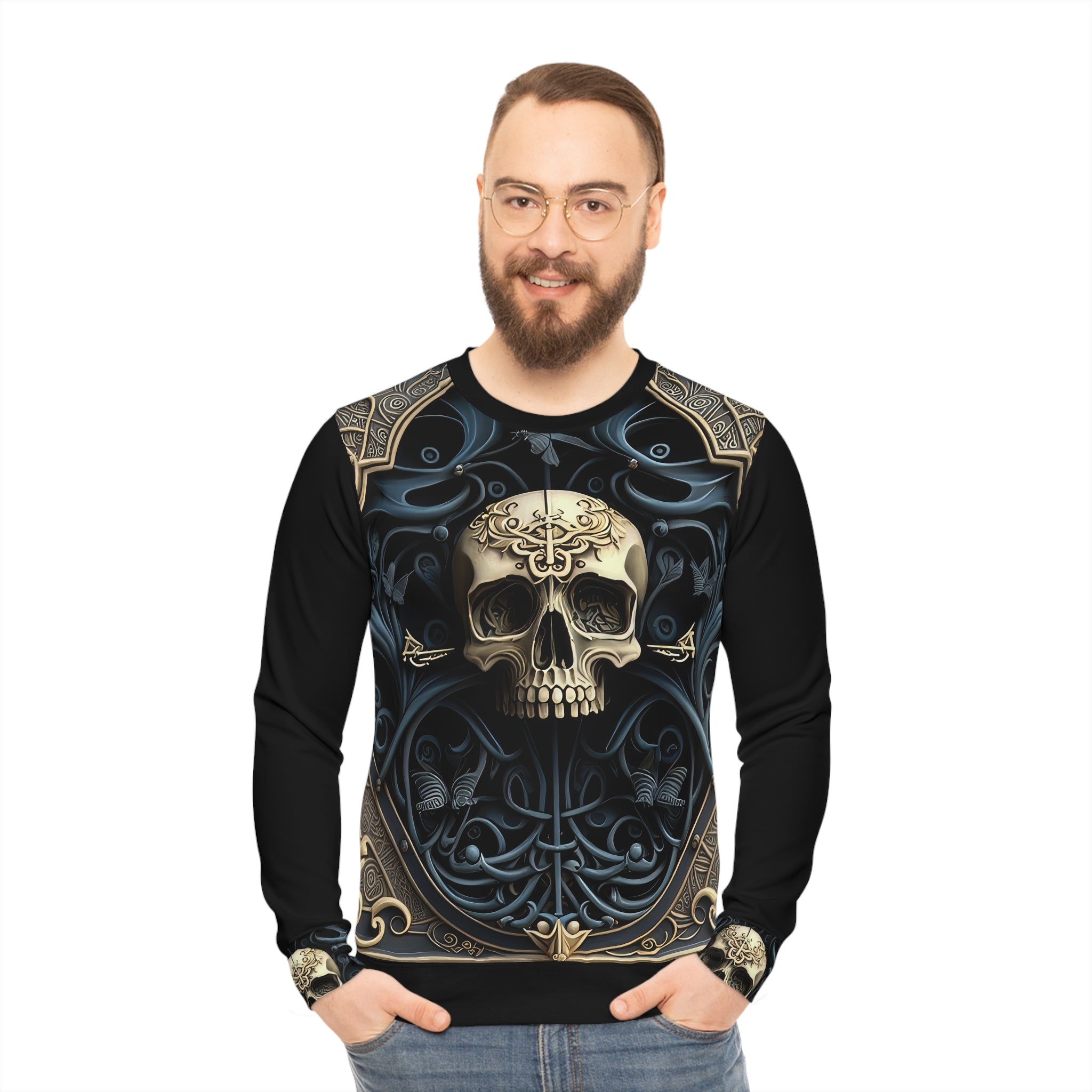 Metallic Chrome Skull and classic Designed Background Style 5 Lightweight Sweatshirt (AOP)