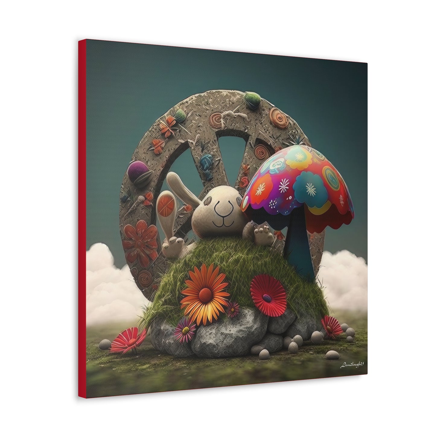 Beautiful Forest Round Peace Sign , Bunny Style Mushrooms  Flowers And Butterfly 12 Canvas Gallery Wraps