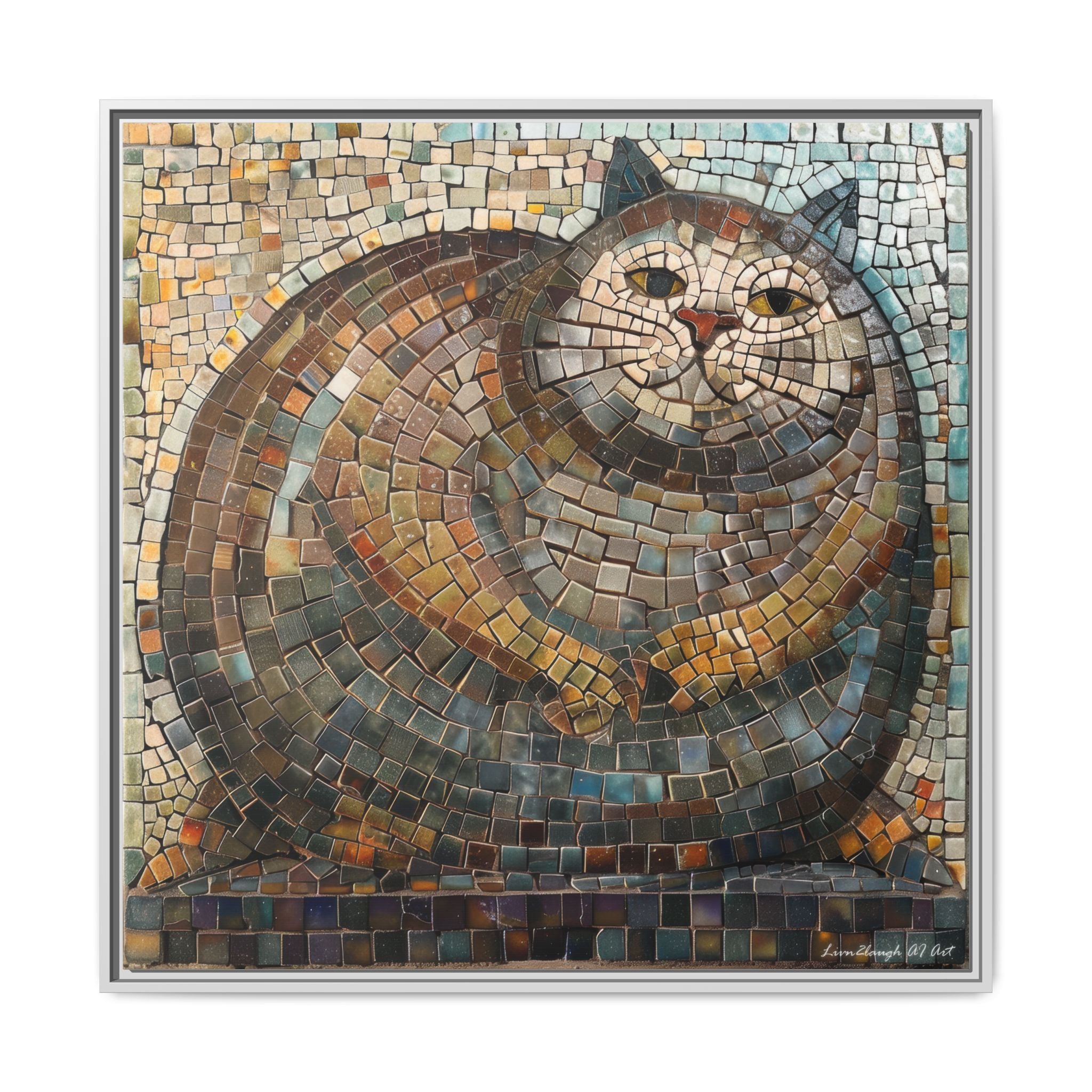 "Serene Mosaic Cat", Framed Mosaic Cat Art Print — Colorful Modern Wall Canvas