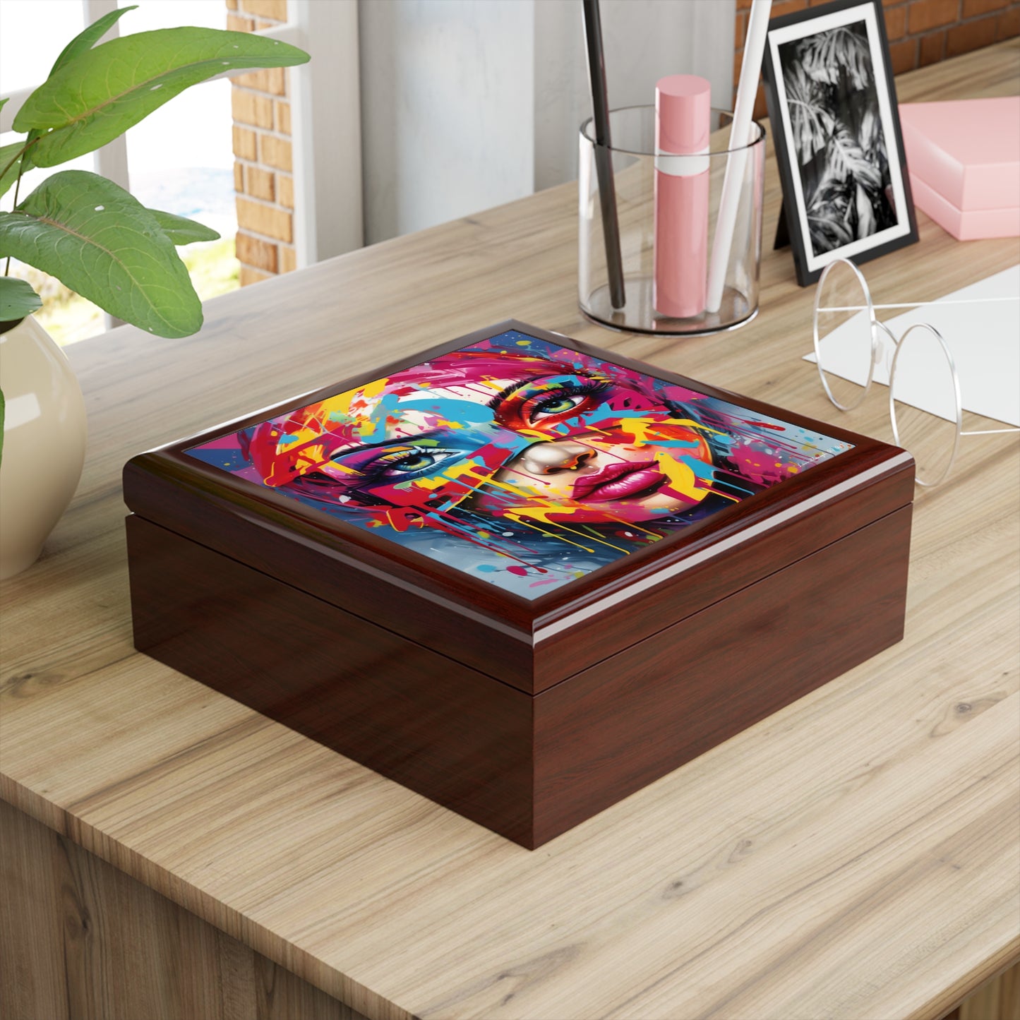 Masked Colorful Blast, Blue Background, Black or Brown Jewelry Box