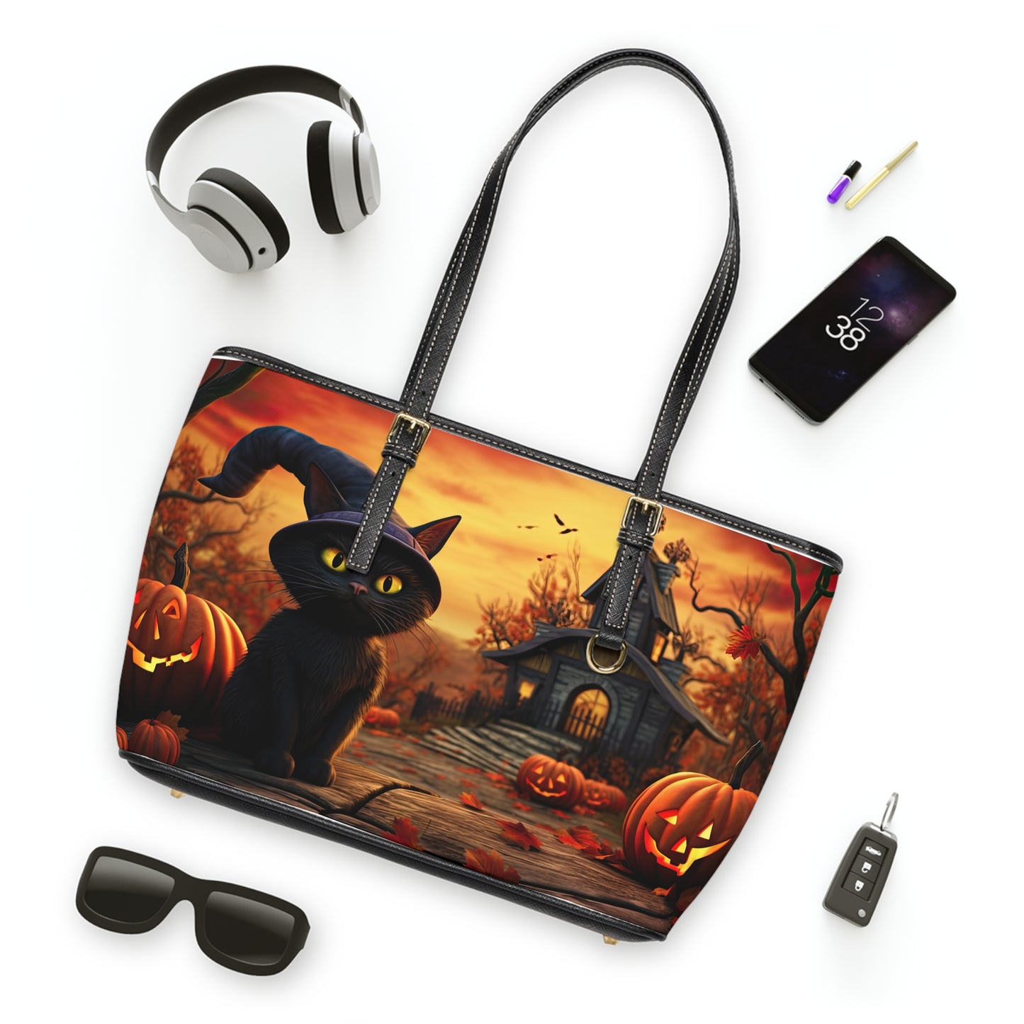 Witch Cat With Breathtaking Fall Time Schoolhouse/Church With Smile Carved Halloween Pumpkins , PU Leather Shoulder Bag