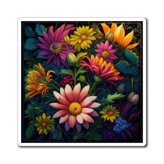 Bold And Beautiful Assortment of Flowers With Large Green Leaves Black Frame Magnets