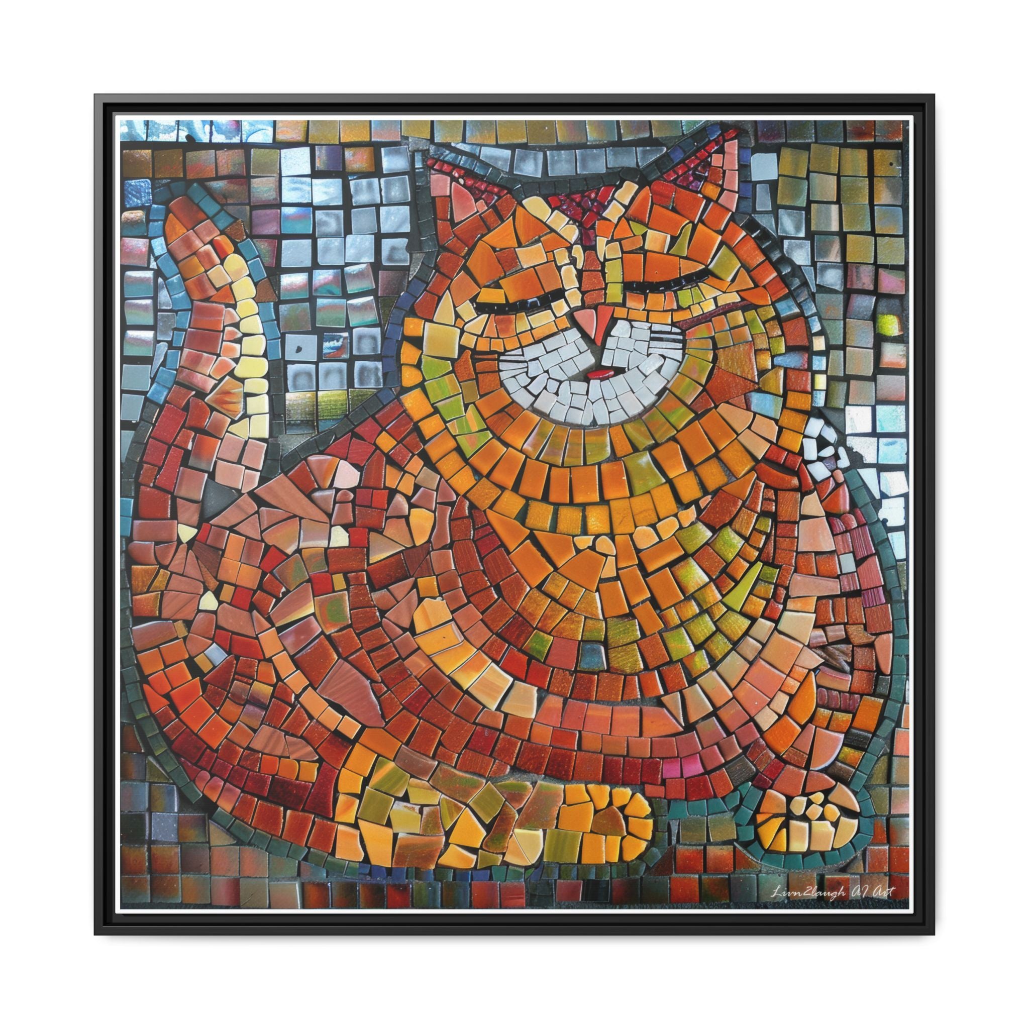 Radiant Whiskers: The Joyful Cat, Framed Mosaic Cat Art Print — Colorful Modern Wall Canvas