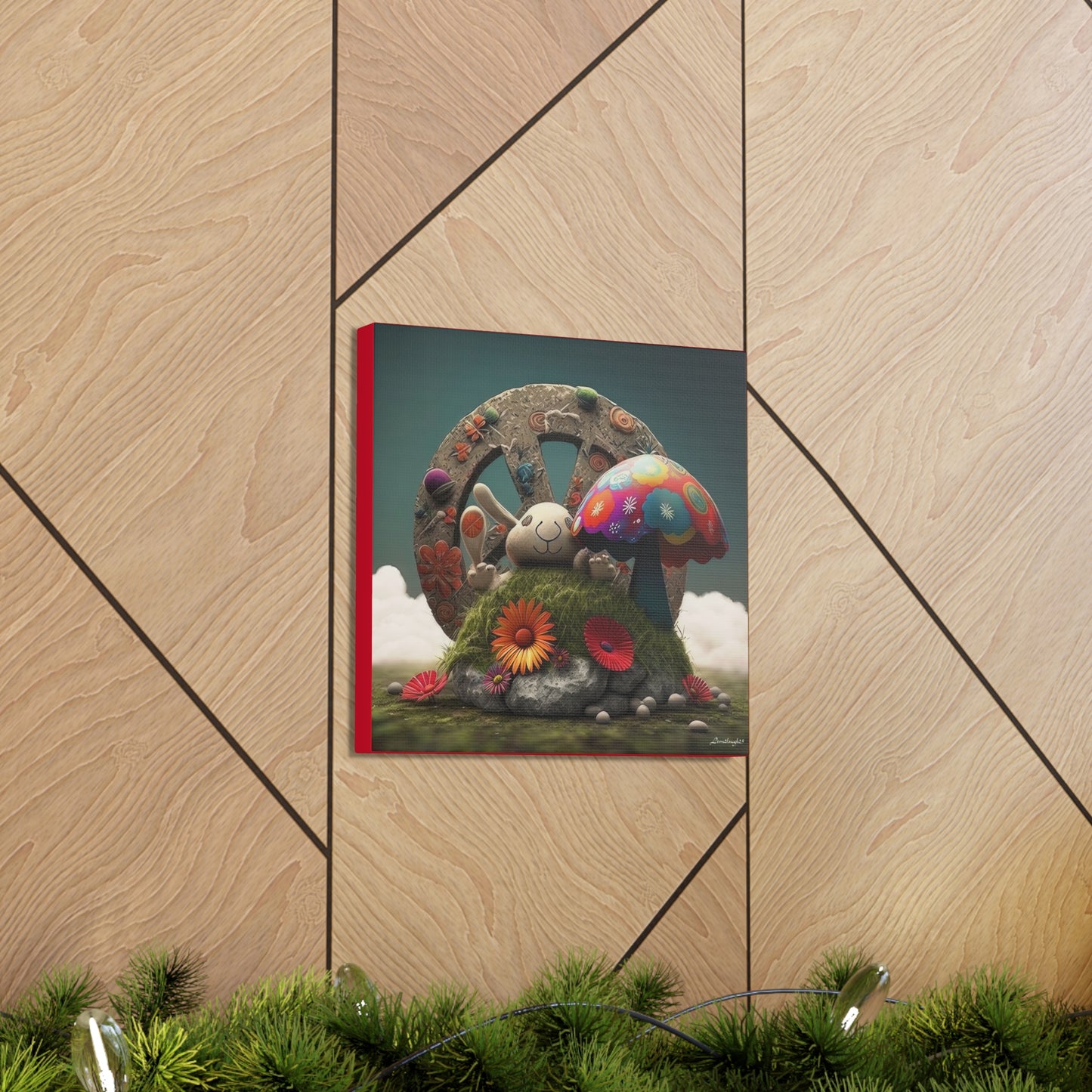 Beautiful Forest Round Peace Sign , Bunny Style Mushrooms  Flowers And Butterfly 12 Canvas Gallery Wraps