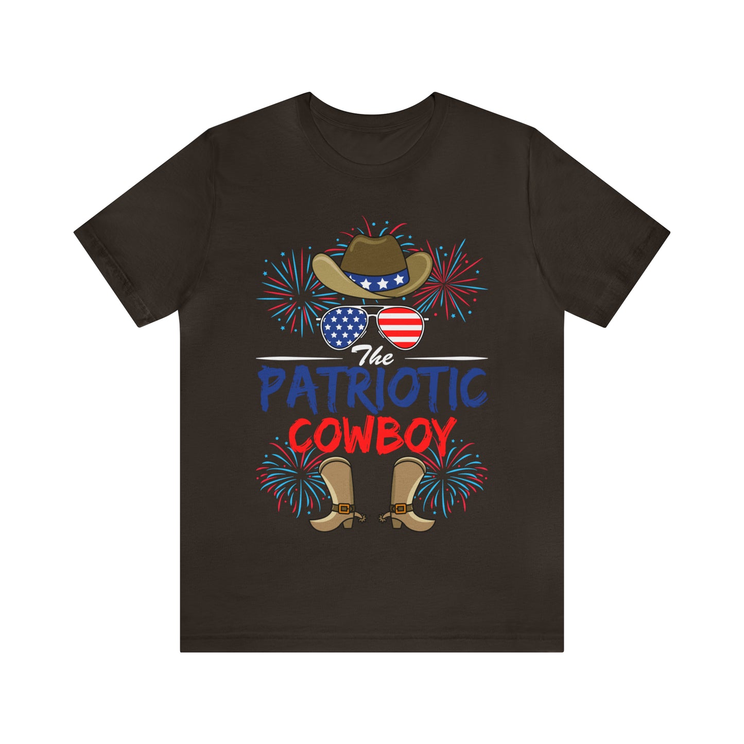 Patriotic Cowboy, American Flag 'Glasses, Cowboy Hat and Boots, Fourth of July 4th Unisex Jersey Short Sleeve Tee