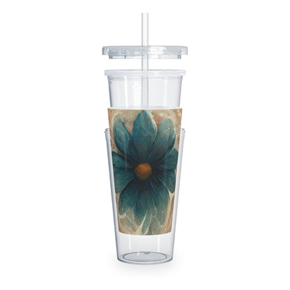 Bold And Beautiful White, Grey And Blue Floral Style 2 Plastic Tumbler with Straw