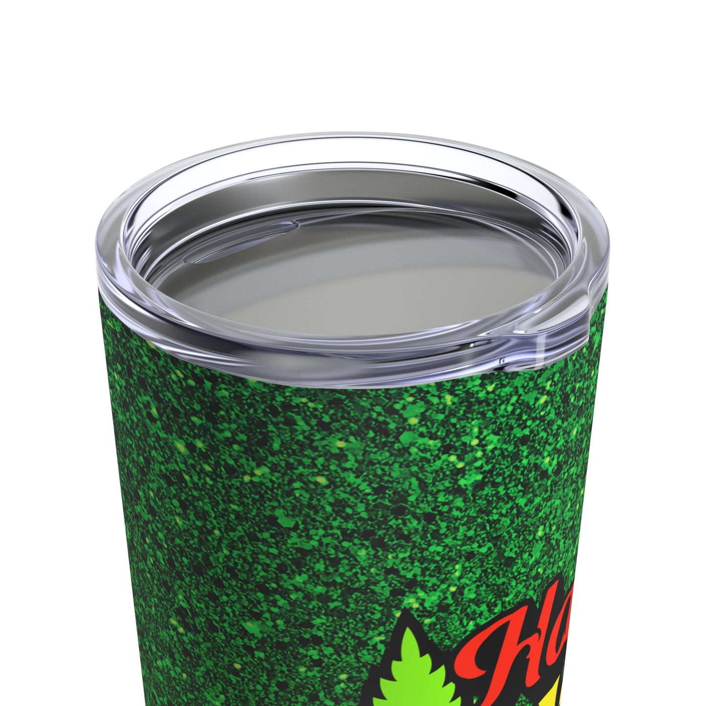 Happy Marijuana 420 In Yellow With Green Pot Leaf, Green Background By Fly Designs Tumbler 20oz