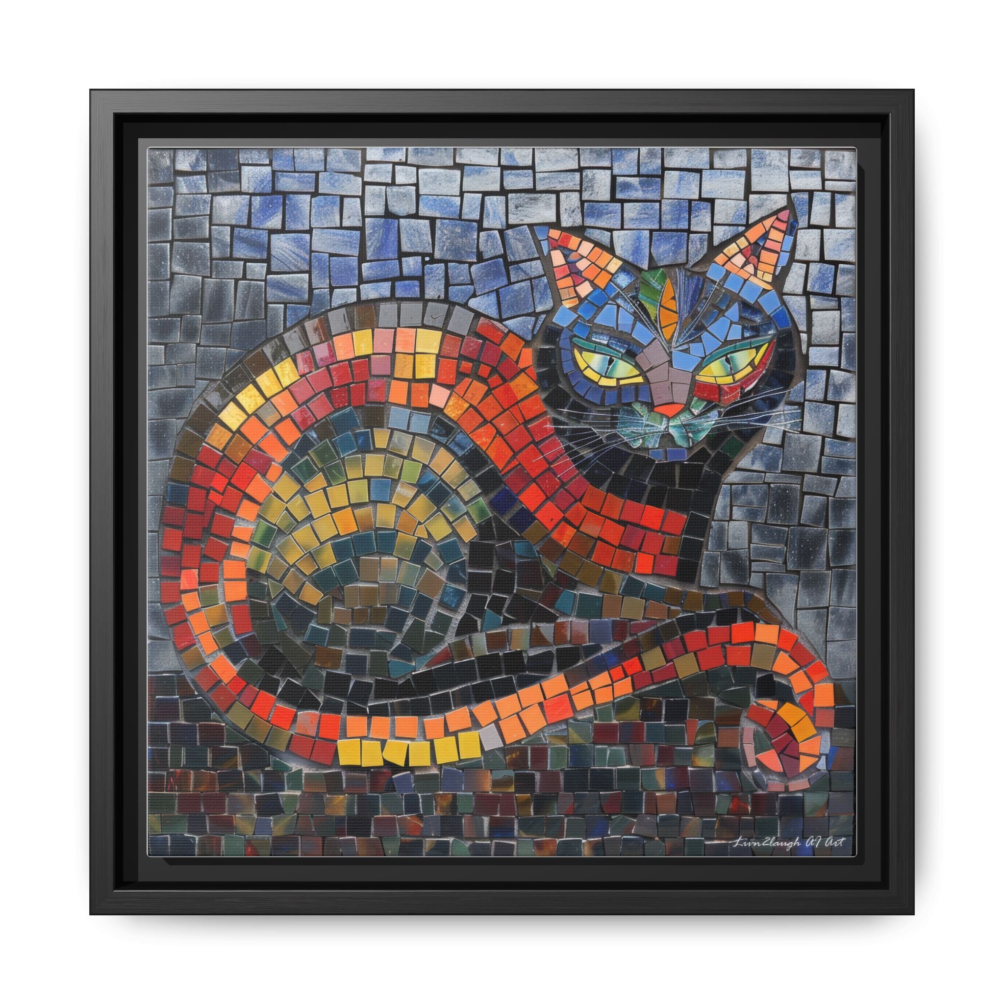 Mystic Shadows: The Enigmatic Cat, Framed Mosaic Cat Art Print — Colorful Modern Wall Canvas