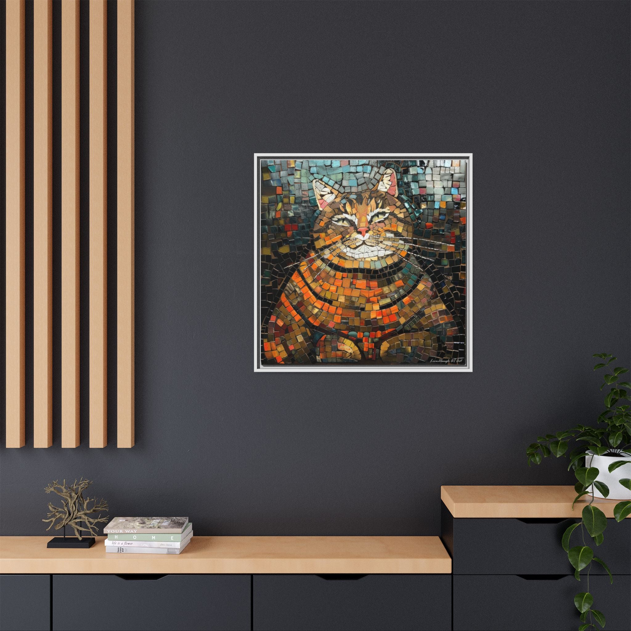 Mosaic Majesty: The Regal Cat, Framed Mosaic Cat Art Print — Colorful Modern Wall Canvas