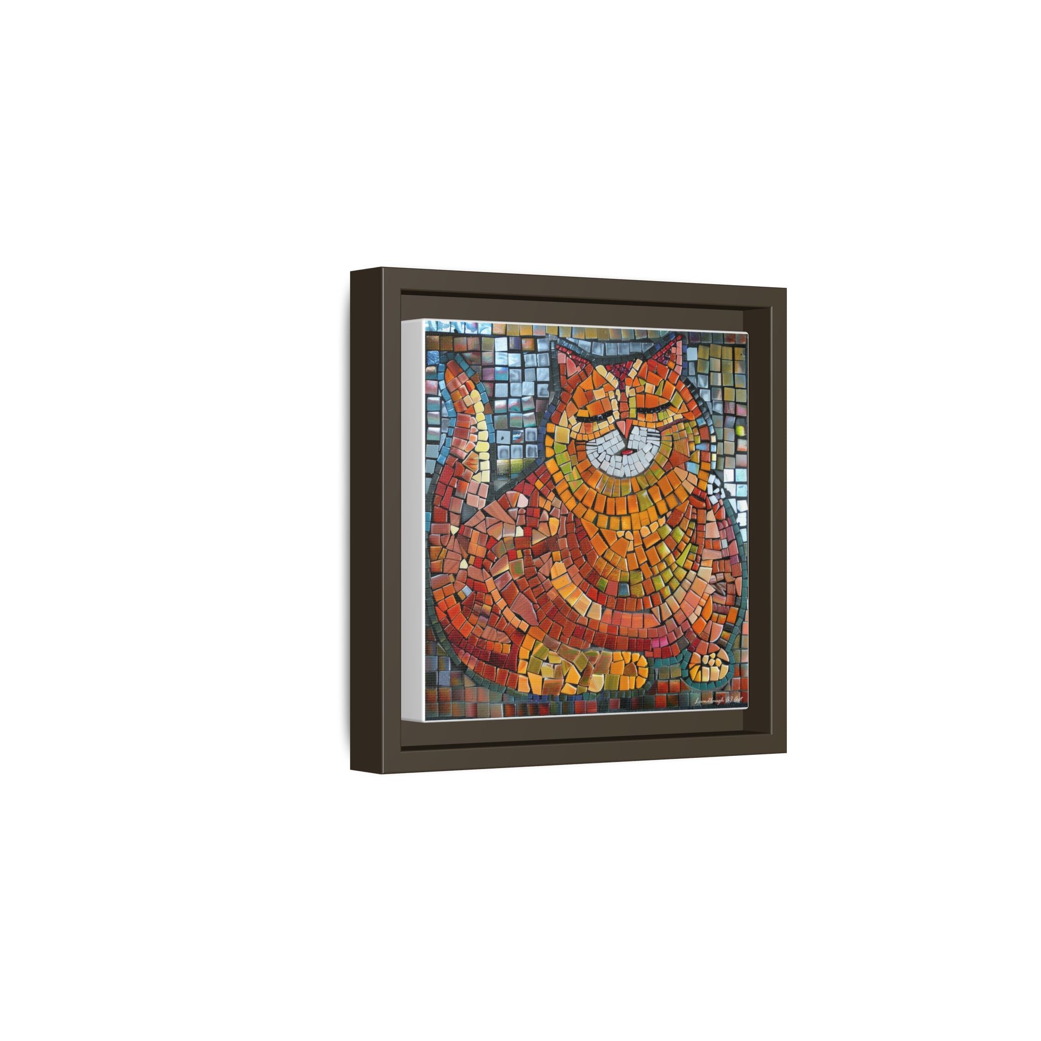 Radiant Whiskers: The Joyful Cat, Framed Mosaic Cat Art Print — Colorful Modern Wall Canvas