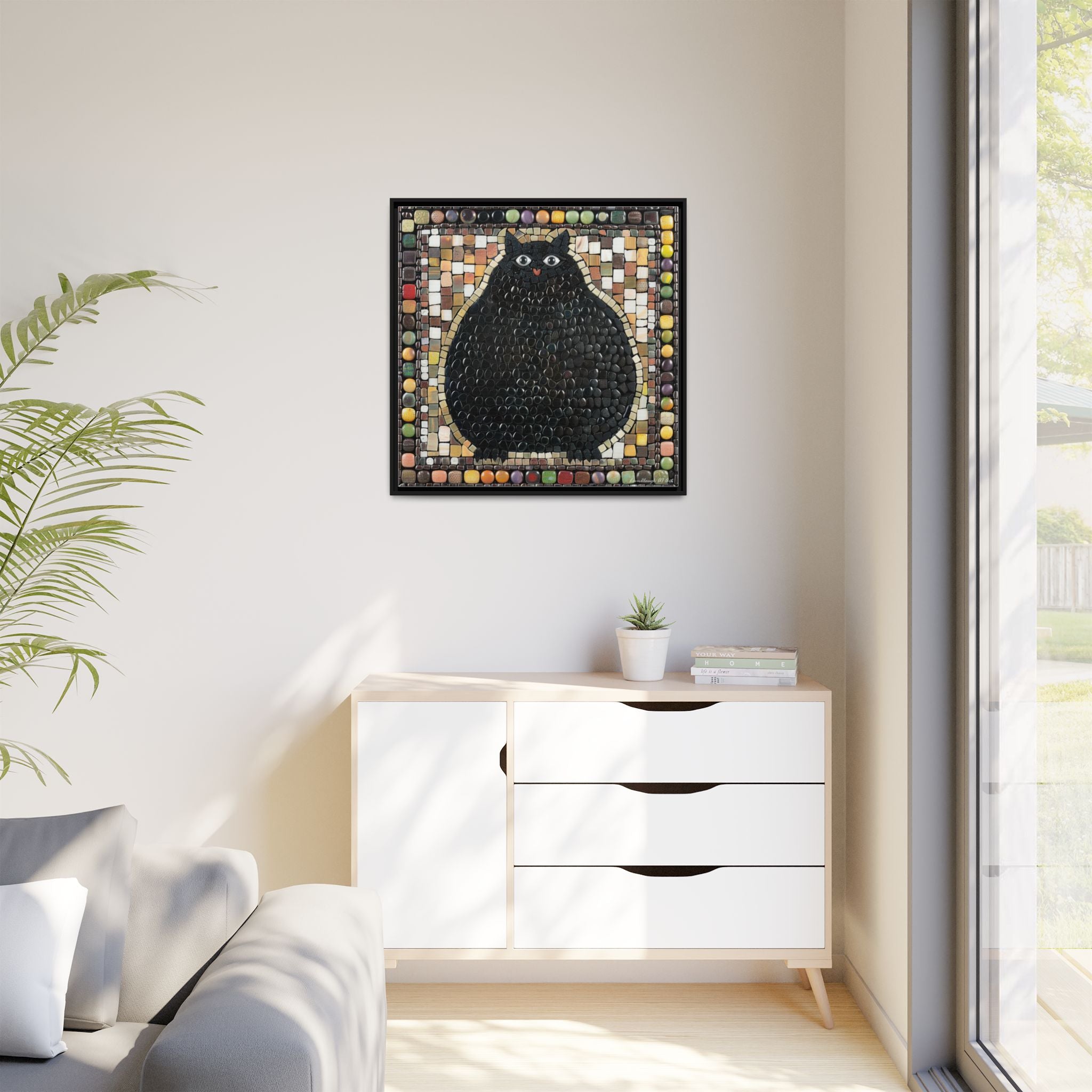 "Playful Black Cat Mosaic", Framed Mosaic Cat Art Print — Colorful Modern Wall Canvas