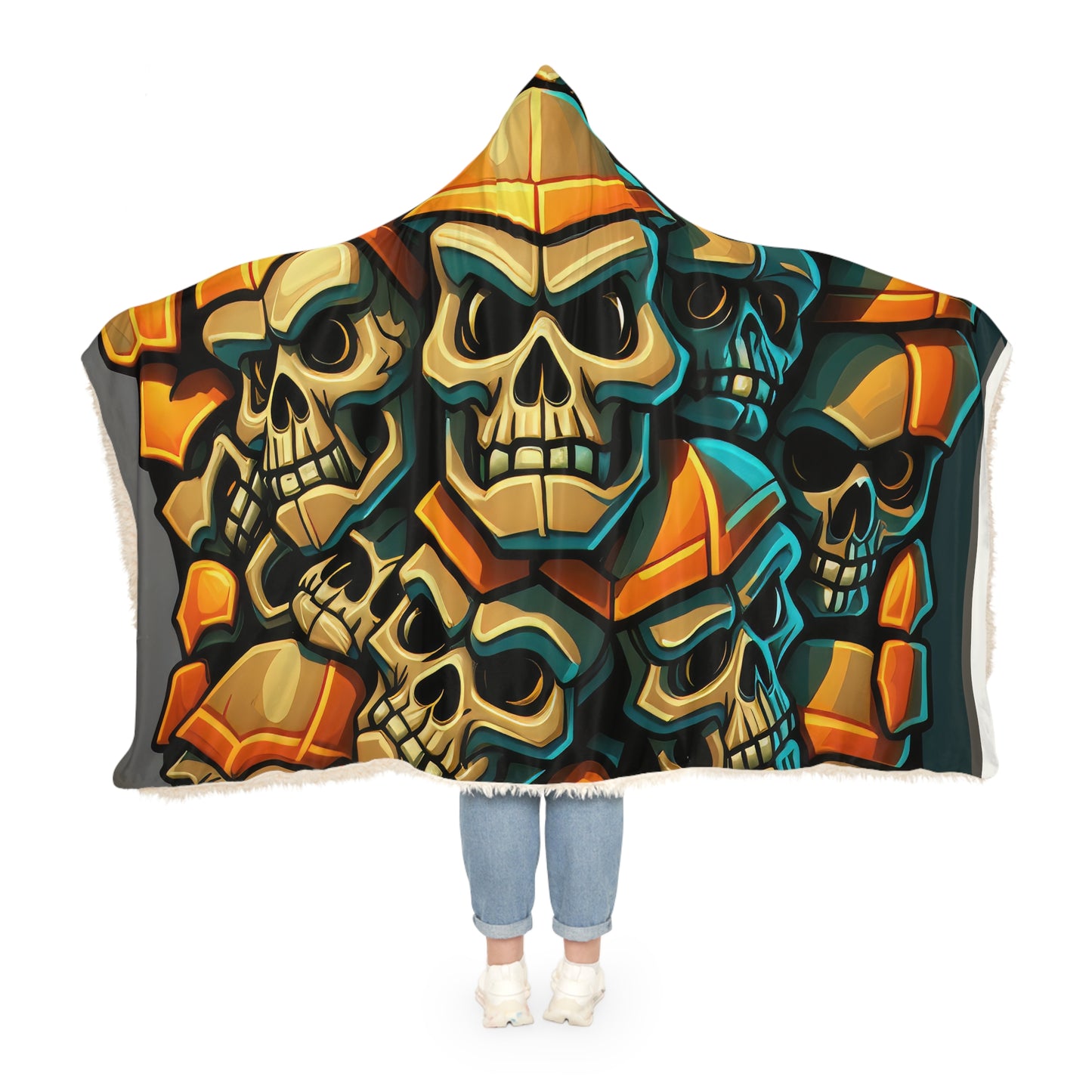 Deeply Detailed Cream White With Yellow And Blue Skulls Snuggle Blanket