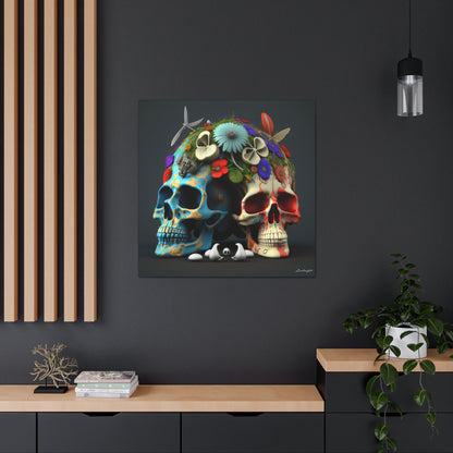 Double Skull With Blue Red  Flowers Canvas Gallery Wraps