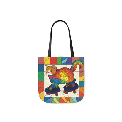 Gorgeous Rainbow Cat Riding A Skate/Skateboard With Rainbow Border Polyester Canvas Tote Bag (AOP)