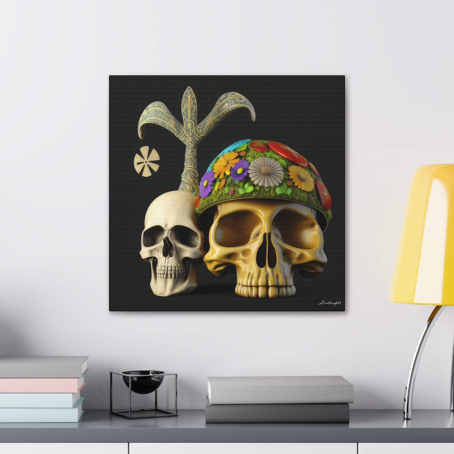 Double Skull With Yellow White Purple Flowers Canvas Gallery Wraps