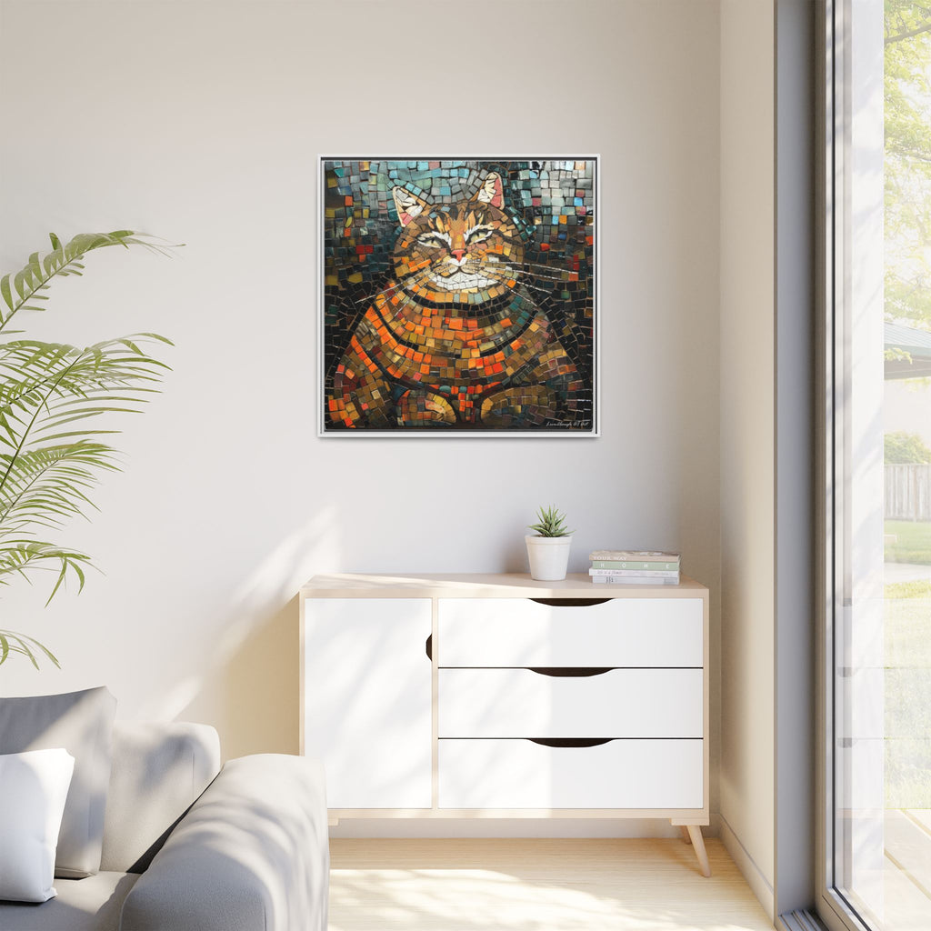 Mosaic Majesty: The Regal Cat, Framed Mosaic Cat Art Print — Colorful Modern Wall Canvas