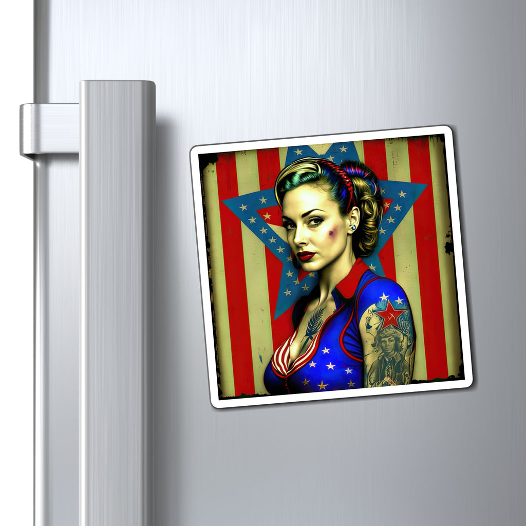 Retro Tattooed Pinup Blue, Red And White Star Magnet Style Four