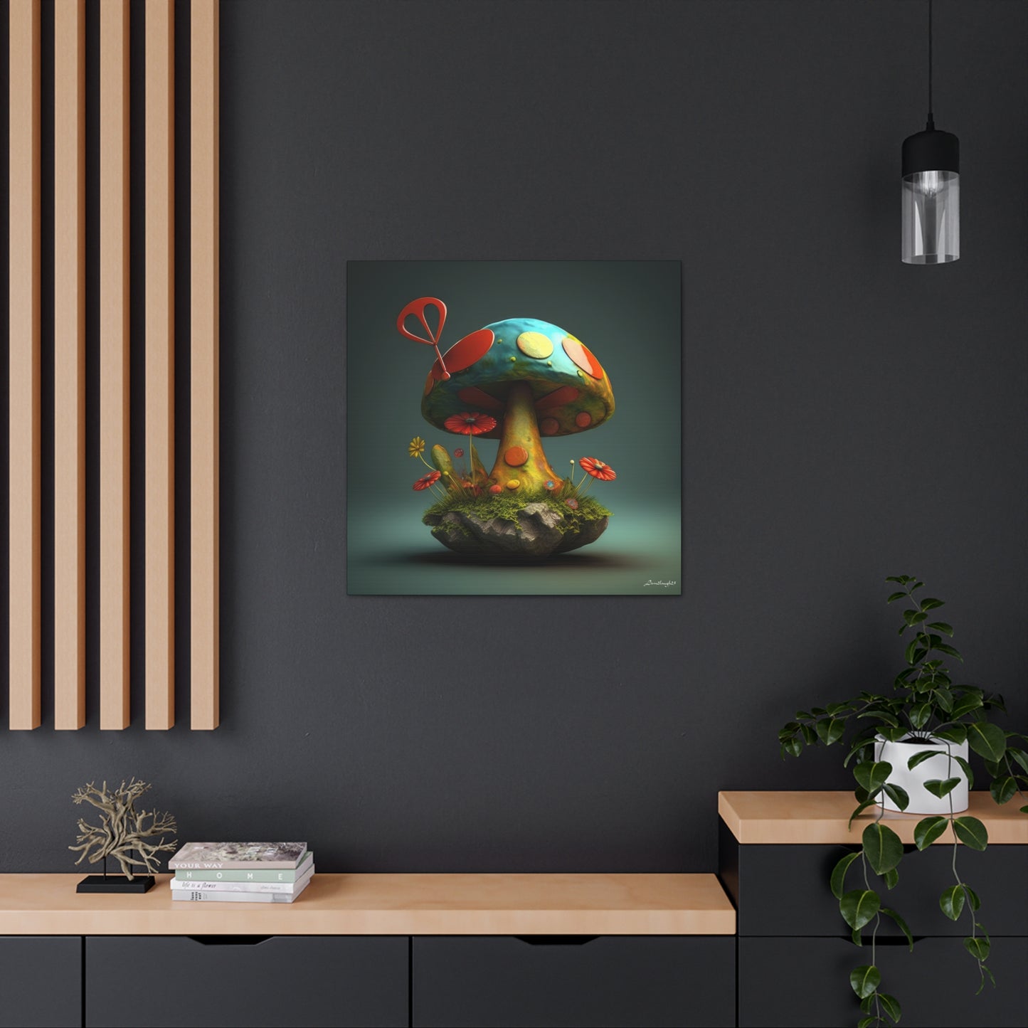 Sassy Colorful Blue Mushroom With Flowers Canvas Gallery Wraps