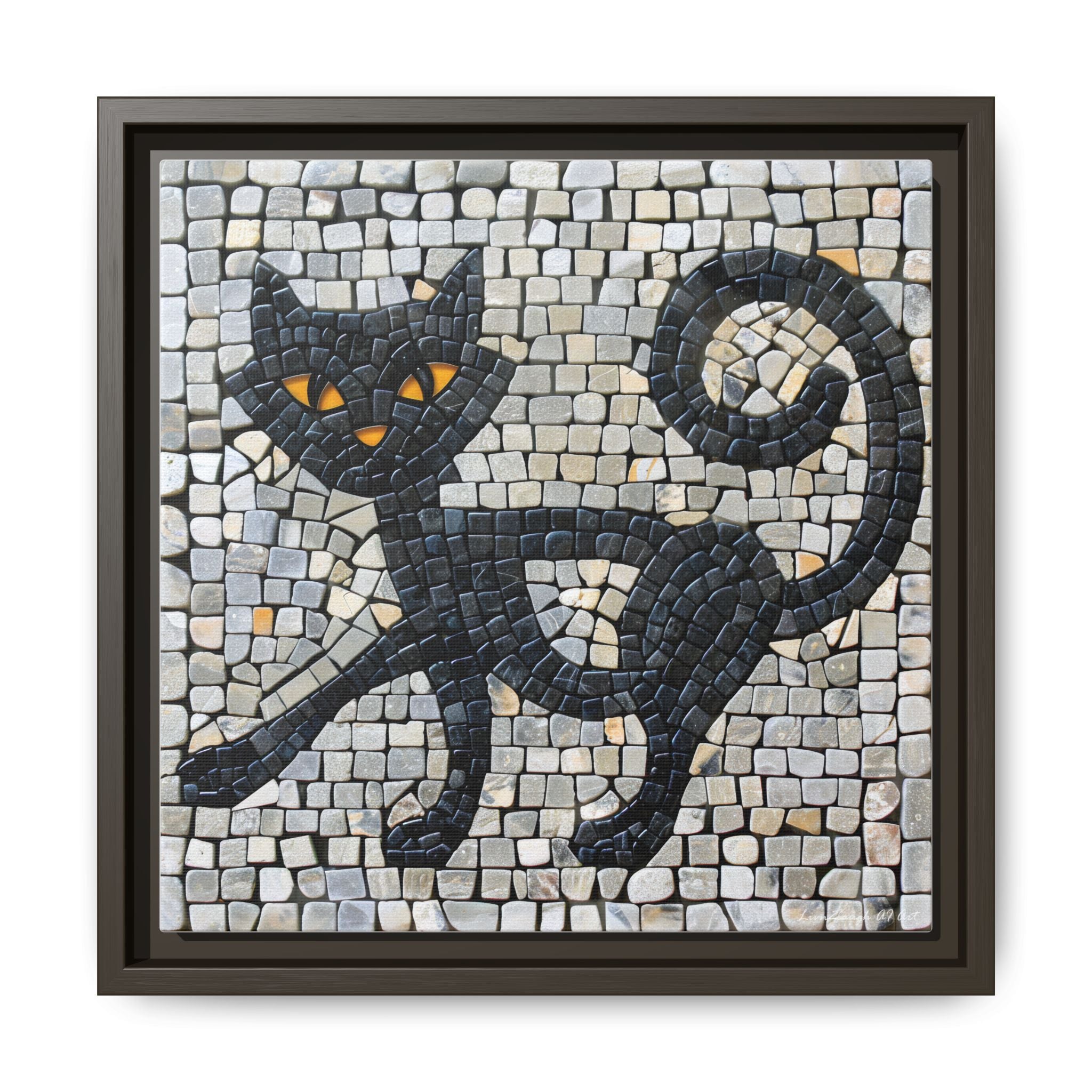 "Curious Black Cat Mosaic", Framed Mosaic Cat Art Print — Colorful Modern Wall Canvas