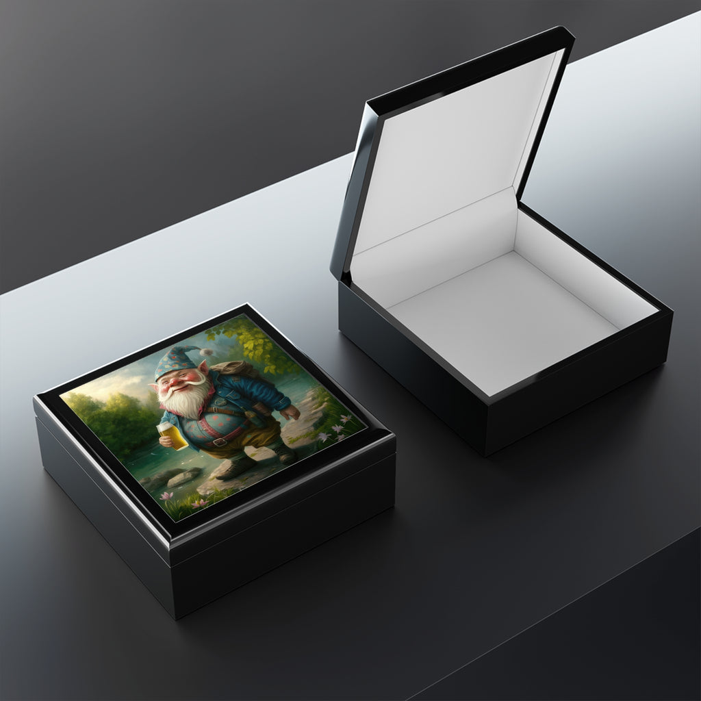 Smiling Gnome At River With Backpack, Beer in Hand Jewelry Box