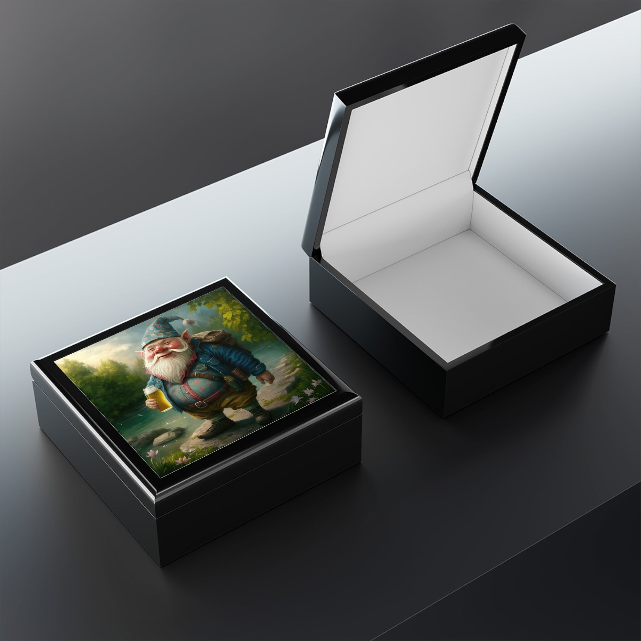 Smiling Gnome At River With Backpack, Beer in Hand Jewelry Box