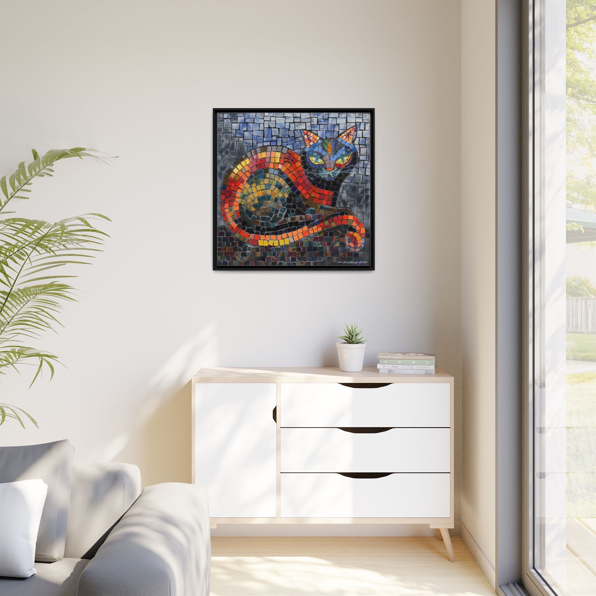 Mystic Shadows: The Enigmatic Cat, Framed Mosaic Cat Art Print — Colorful Modern Wall Canvas