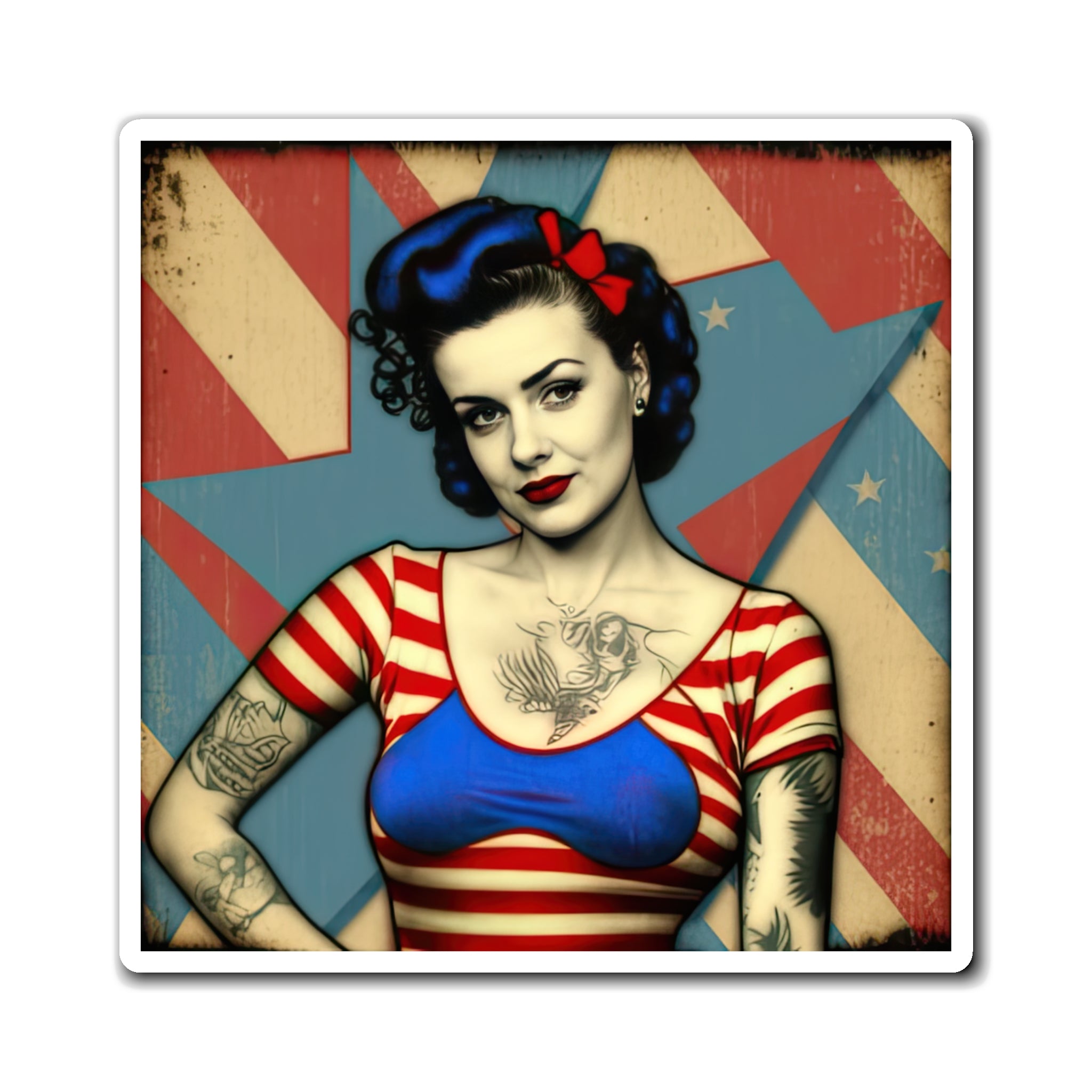 Retro Tattooed Pinup Blue, Red And White Star Magnet Style Eight