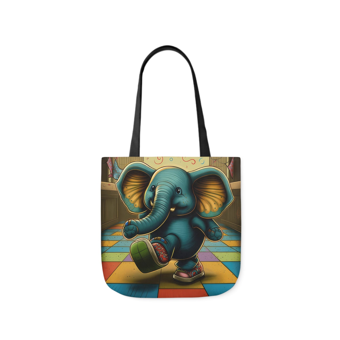 Elephant Kicking Leg On Colored Square Floor Polyester Canvas Tote Bag (AOP)