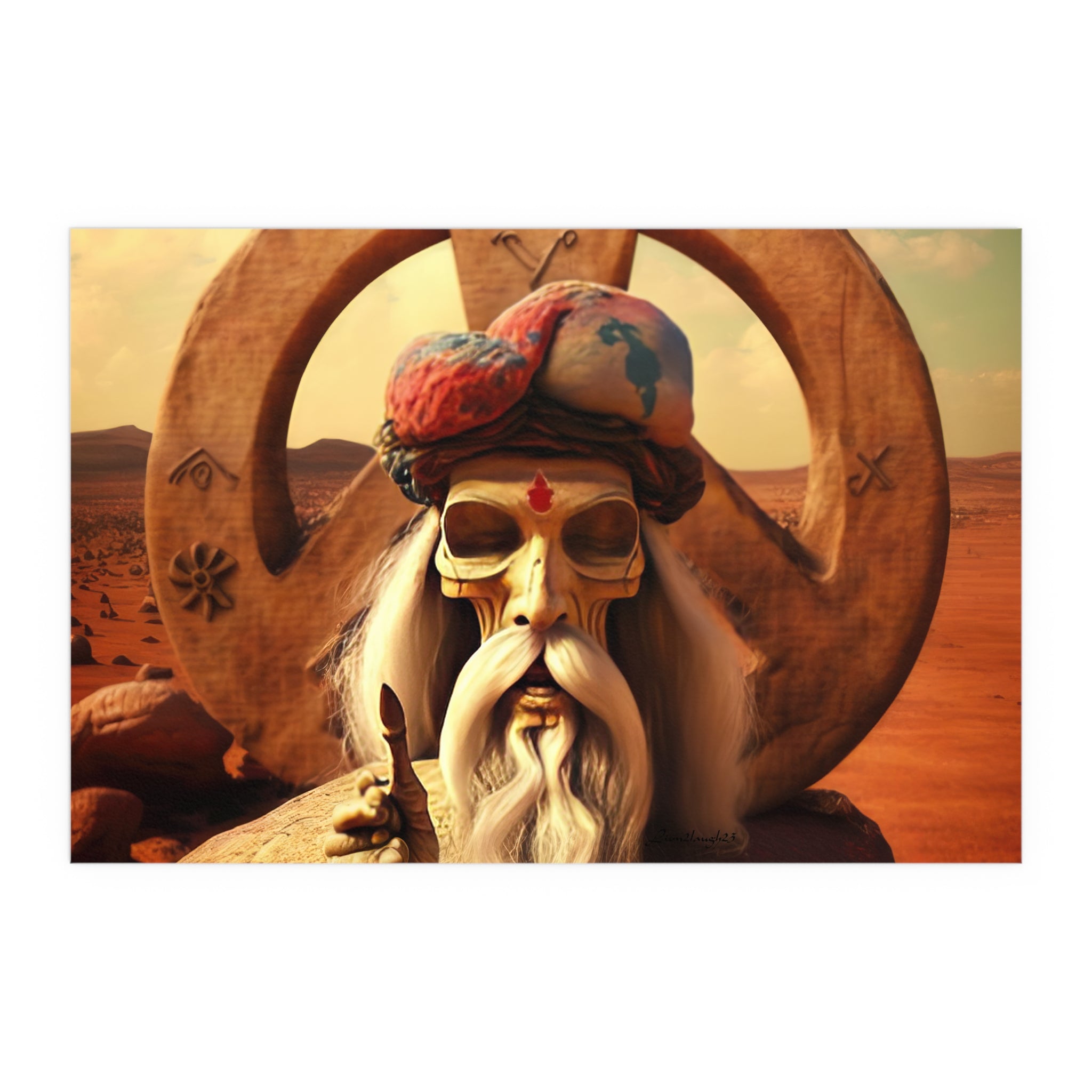 Wise Man In Dessert With Beard And Peace Sign Indoor and Outdoor Silk Posters