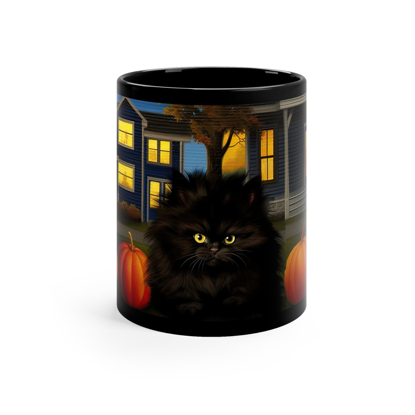 Spooky Halloween House, Fluffy Black Kitten With Pumpkins, Fall Time 11oz Black Mug