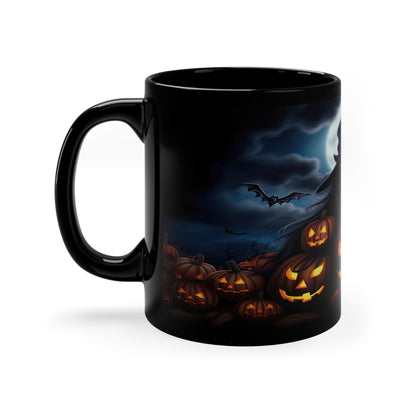 Gothic Witch Hat Cat With Halloween Glowing Smiling Pumpkins 11oz Black Mug