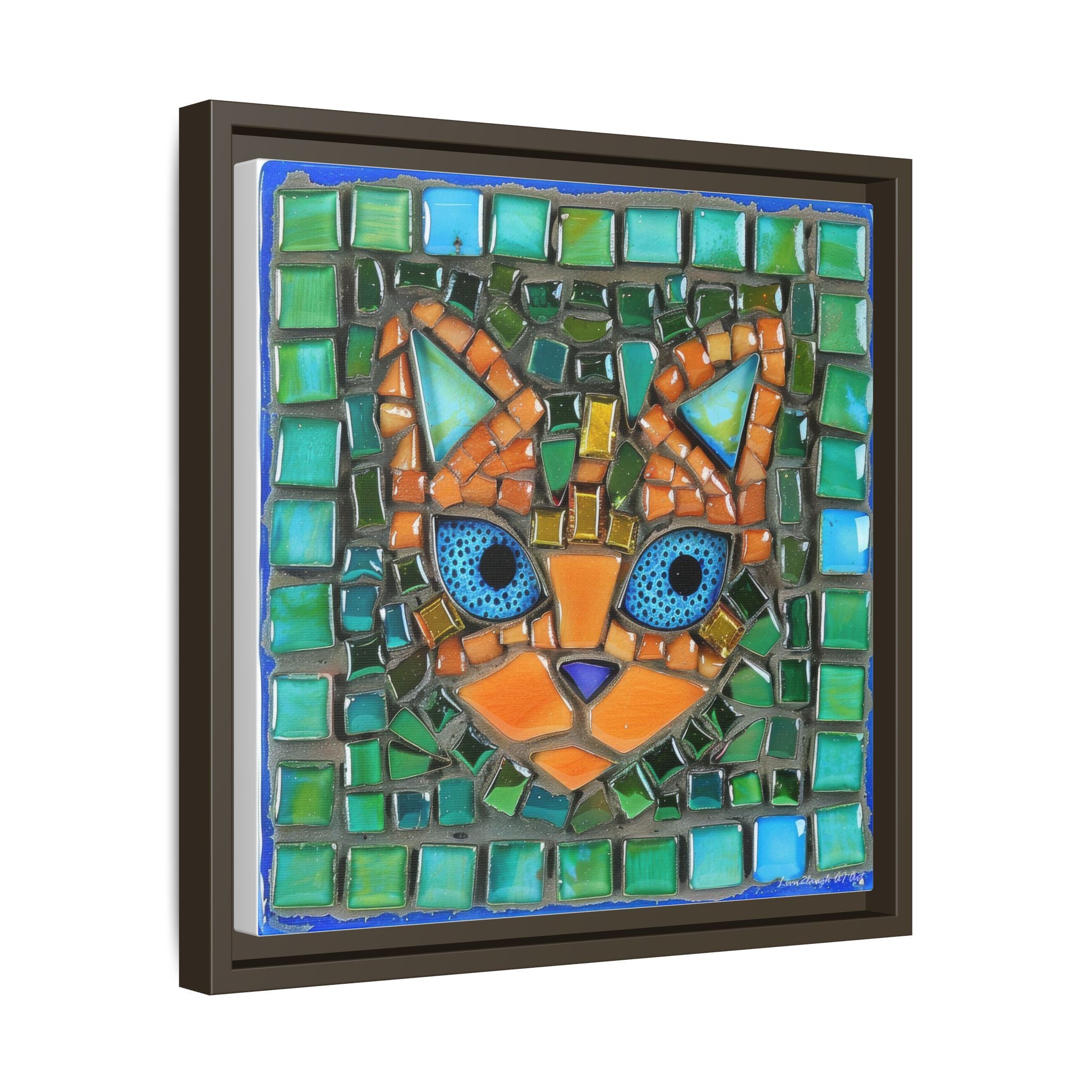 "Emerald Eyes Mosaic Cat", Framed Mosaic Cat Art Print — Colorful Modern Wall Canvas