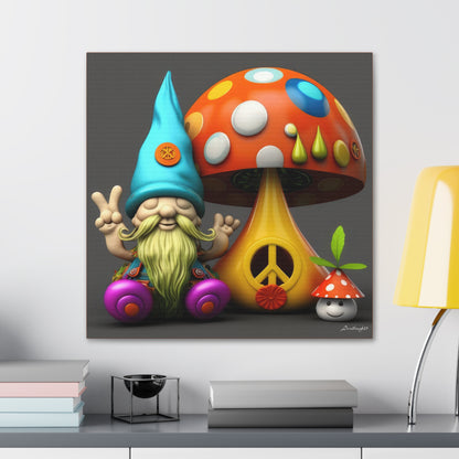Gnome With Beautifully Detailed Green Orange With Colored Polka Dot Mushrooms And Cute Baby Mushroom Canvas Gallery Wraps