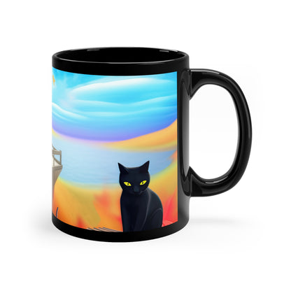 Lighthouse /Beach House on a Lake/Ocean Fall Time Is Amazing Pumpkins And Fall Colors With Cat 11oz Black Mug