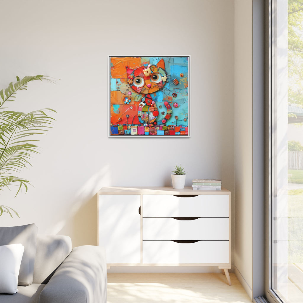 "Whimsical Mosaic Cat", Framed Mosaic Cat Art Print — Colorful Modern Wall Canvas