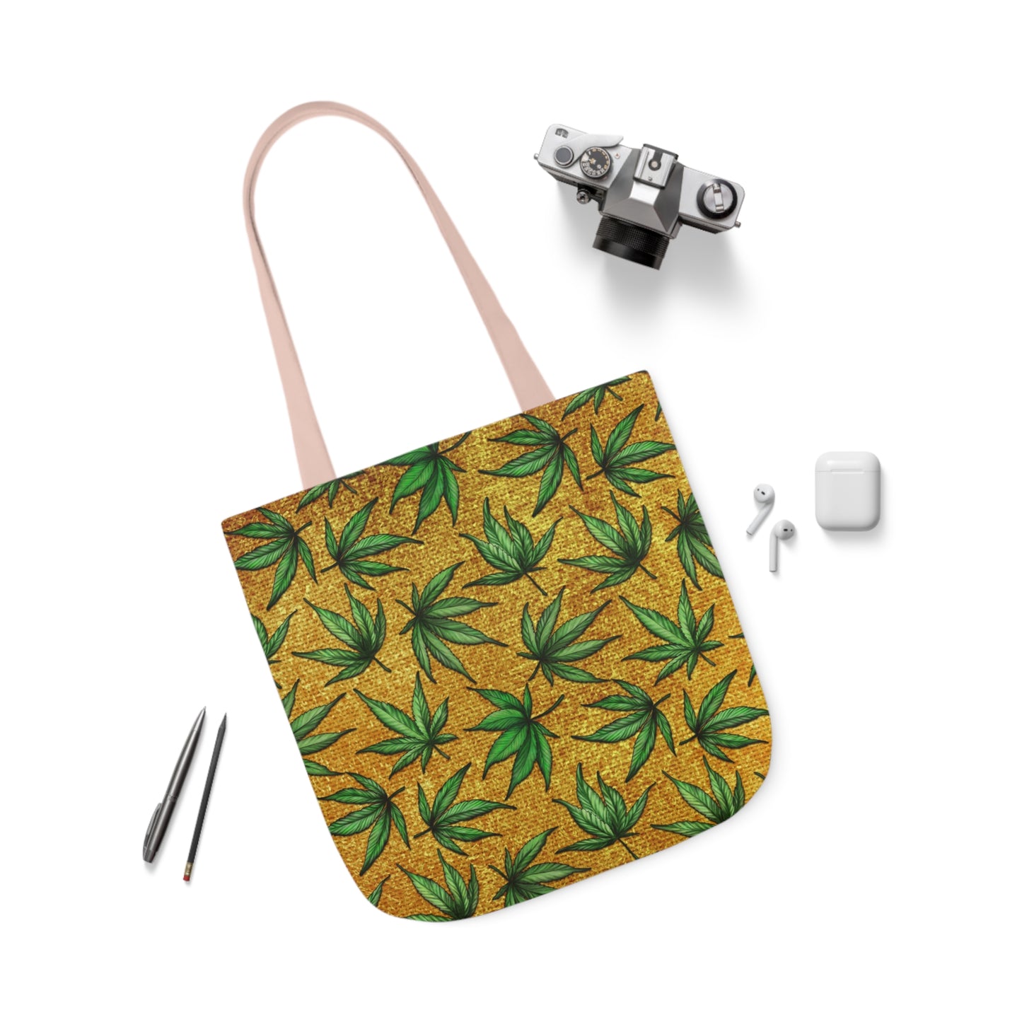 Gold And Green Marijuana Pot Weed Leaf With Gold Background 420 Polyester Canvas Tote Bag (AOP)