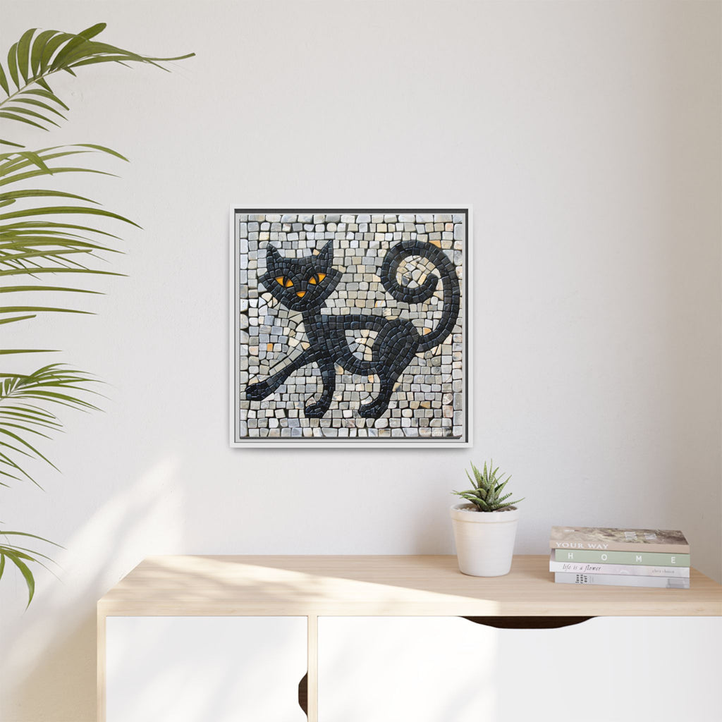 "Curious Black Cat Mosaic", Framed Mosaic Cat Art Print — Colorful Modern Wall Canvas