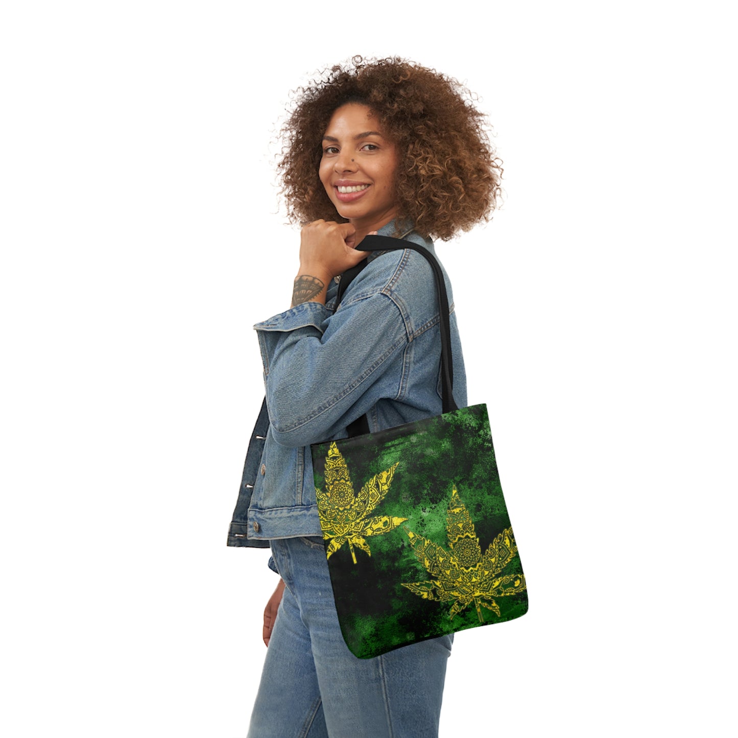 Gorgeous Designed Gold Leaf With multigreen Background Marijuana Pot Weed 420 Polyester Canvas Tote Bag (AOP)