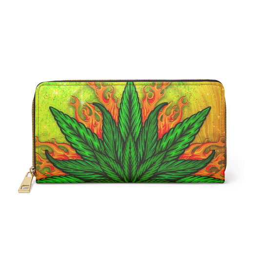 Beautifully Designed Orange, Yellow And Green Marijuana Leaf Zipper Wallet