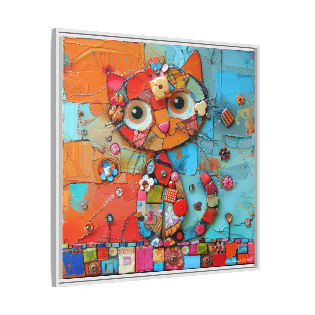 "Whimsical Mosaic Cat", Framed Mosaic Cat Art Print — Colorful Modern Wall Canvas