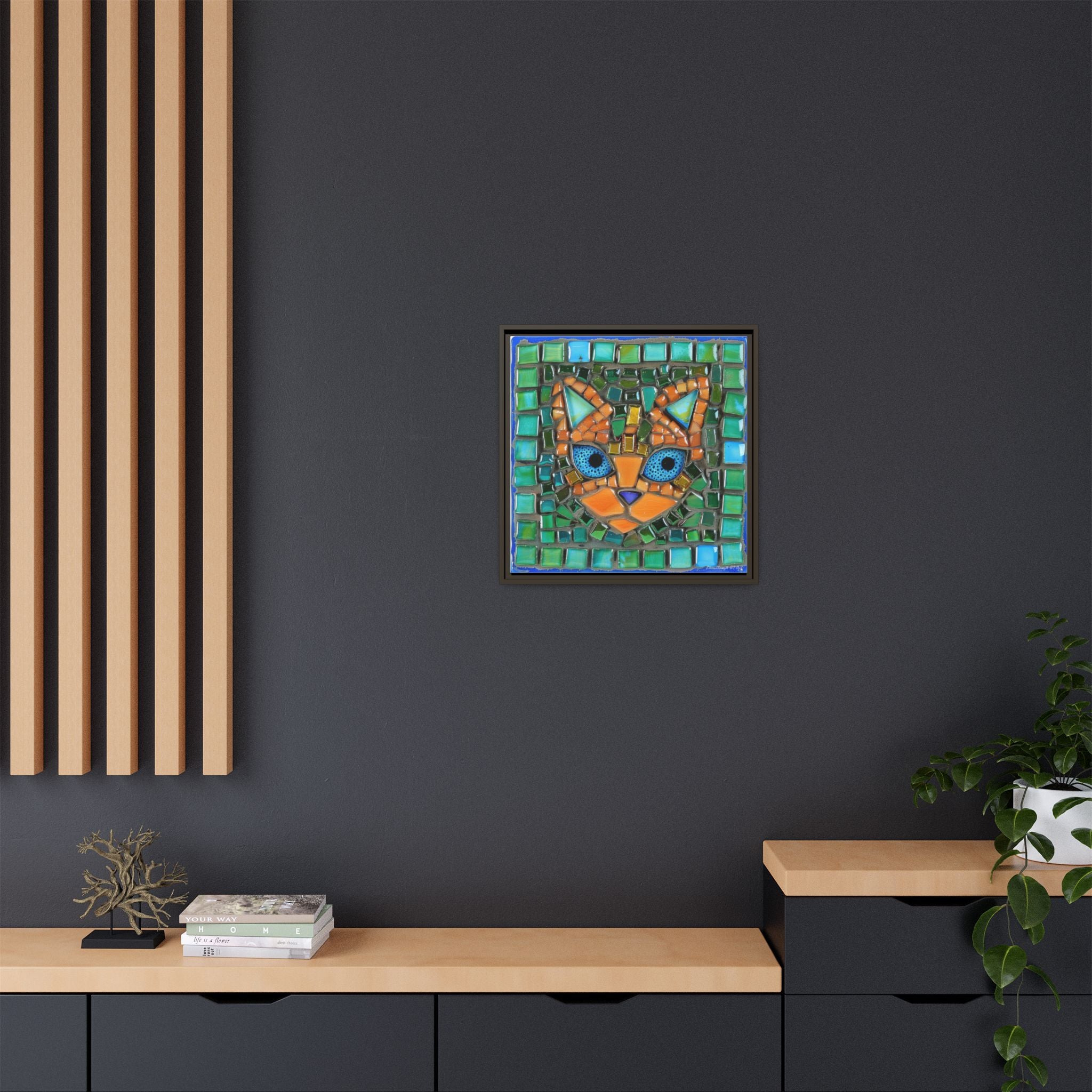 "Emerald Eyes Mosaic Cat", Framed Mosaic Cat Art Print — Colorful Modern Wall Canvas