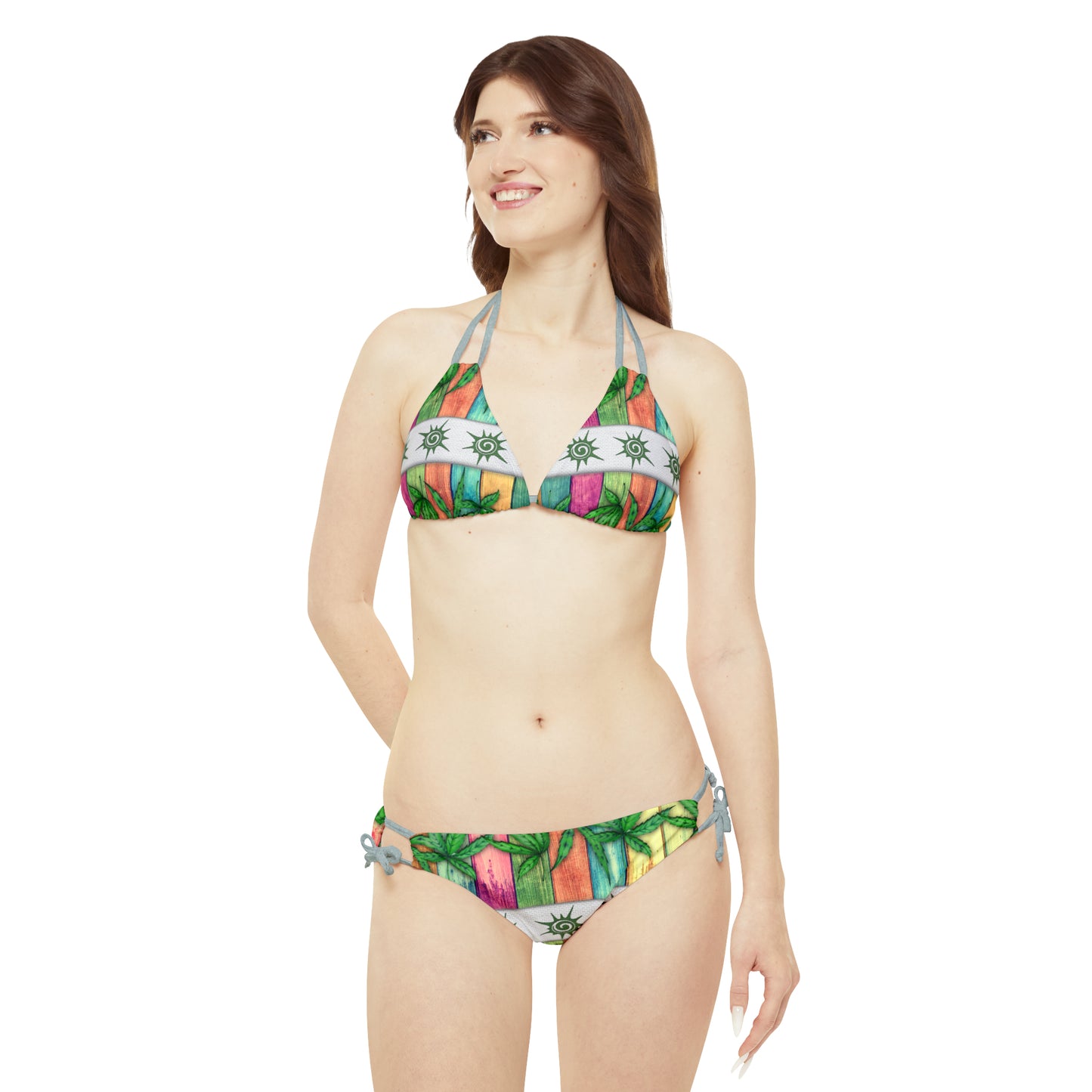 Beautiful Multicolored Pink Purple Blue 420 Weed Marijuana Leaf Strappy Bikini Set (AOP)