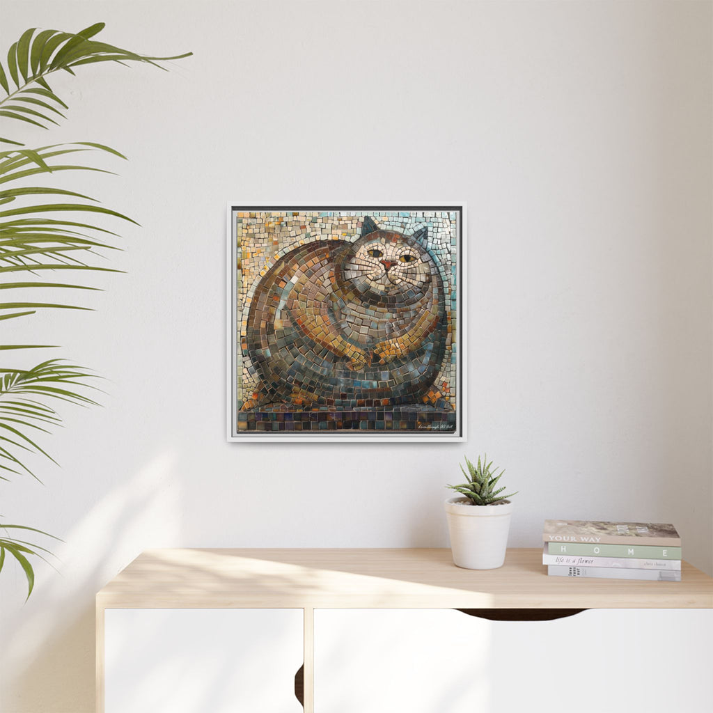 "Serene Mosaic Cat", Framed Mosaic Cat Art Print — Colorful Modern Wall Canvas